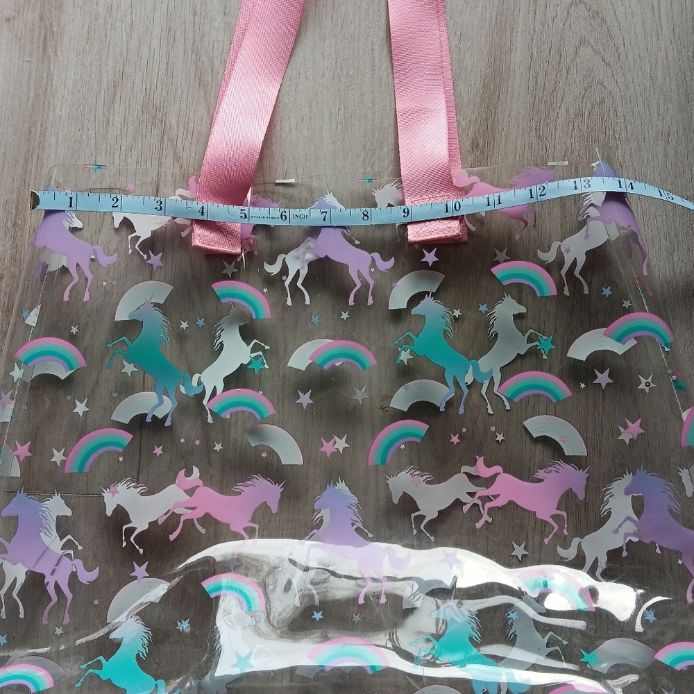 Unicorn Clear Plastic Tote Bag Pink Shoulder Straps Aqua White Purple Rainbows - Picture 4 of 10